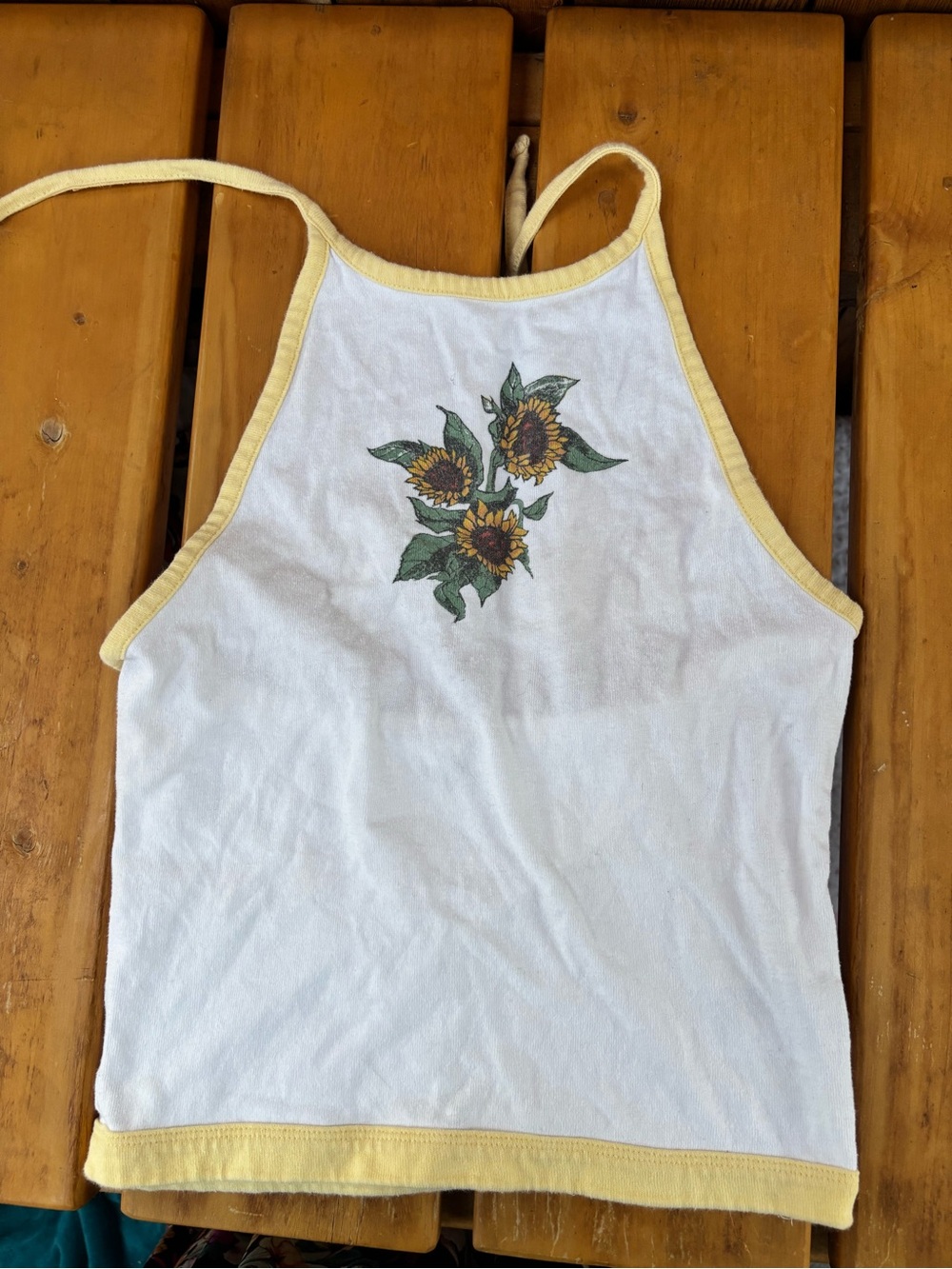 American Eagle Outfitters White Halter Tank with Yellow Trim and Sunflower Print